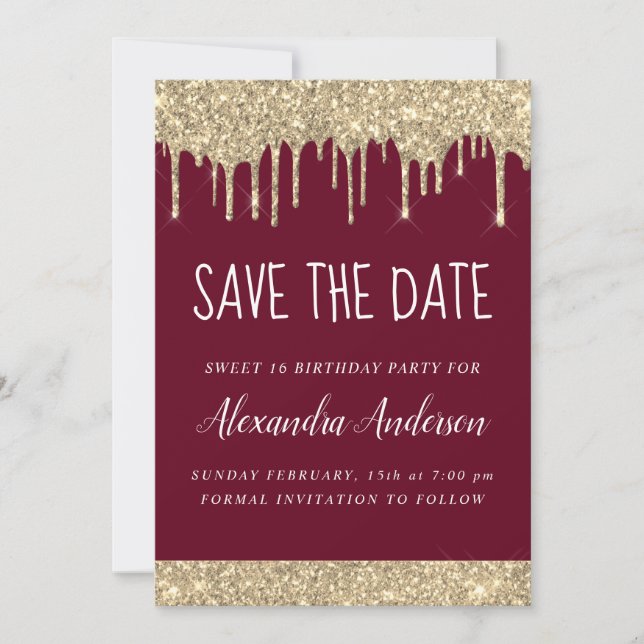 Invitation Gold Burgundy Parties scintillant Sweet 16 Enregis (Devant)