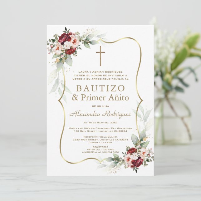 Invitation Gold Burgundy Peach Flowers 1st Birthday Baptism  (Debout devant)