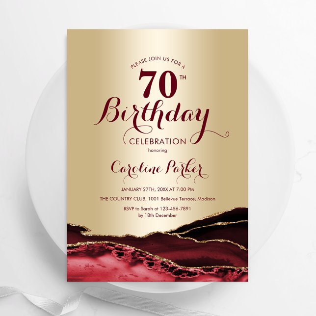Invitation Gold Burgundy Red Agate 70e anniversaire (Créateur téléchargé)