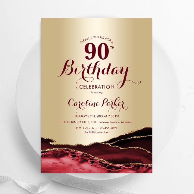 Invitation Gold Burgundy Red Agate 90e anniversaire (Créateur téléchargé)