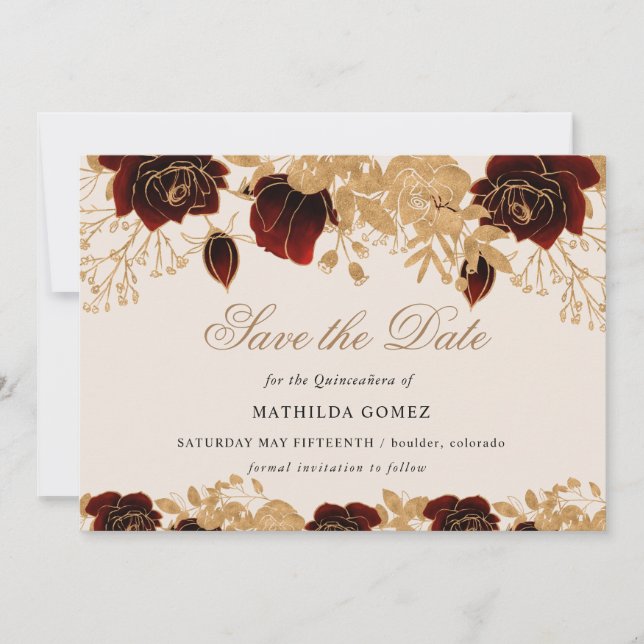 Invitation Gold Burgundy Roses Quinceañera enregistrer la dat (Devant)