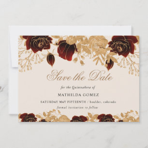 Invitation Gold Burgundy Roses Quinceañera enregistrer la dat