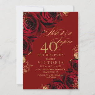 Invitation Gold Burgundy Roses Surprise 40e anniversaire
