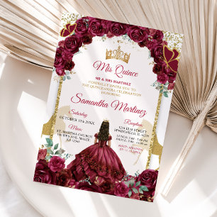 Invitation Gold Burgundy Rouge Floral Princesse Quinceañera
