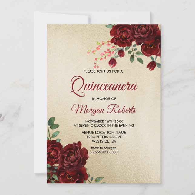 Invitation Gold Burgundy Rouge Rose Floral Quinceanera Invita (Devant)