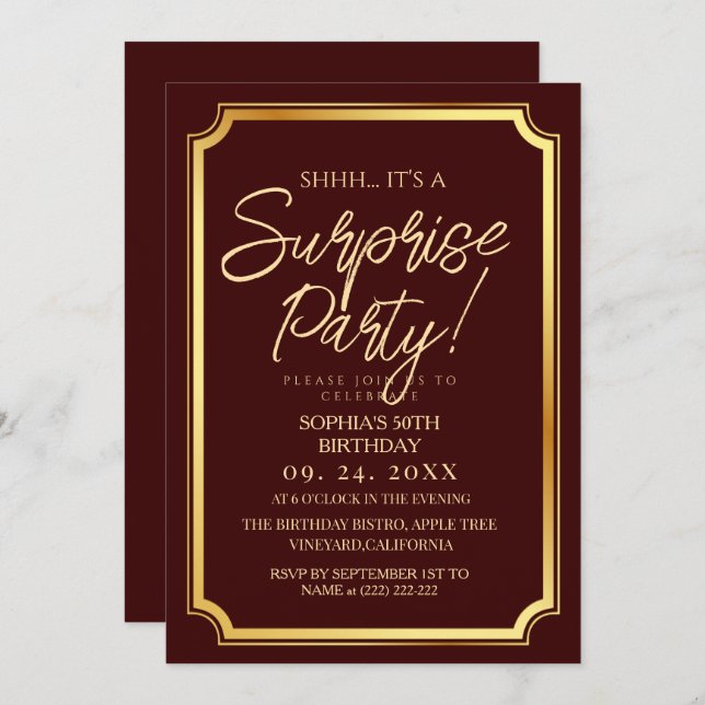 Invitation Gold & Burgundy Surprise 50th Birthday Party (Devant / Derrière)