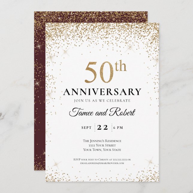 Invitation Gold Burgundy White 50th Wedding Anniversary  (Devant / Derrière)