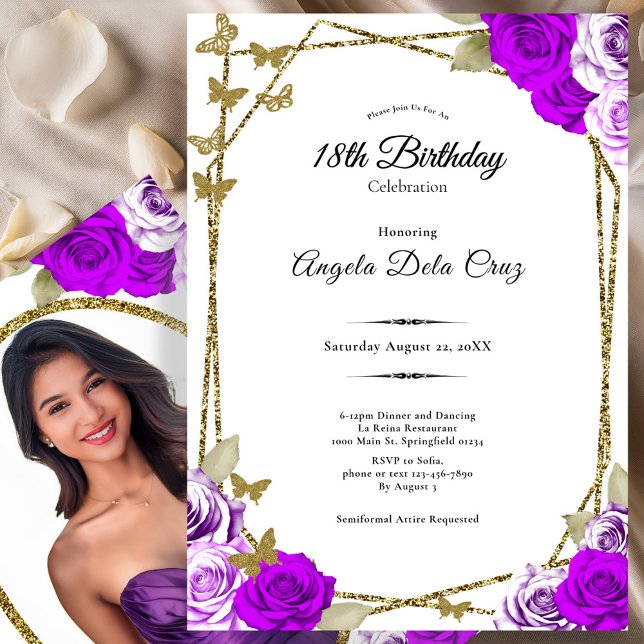 Invitation Gold Butterflies Purple Roses 18th Debut Birthday (Créateur téléchargé)