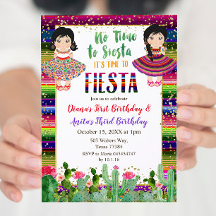 Invitation Gold Cactus Twins Girl Anniversaire Fiesta