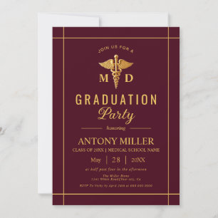 Invitation Gold caduceus Classe De 2025 burgundy graduation