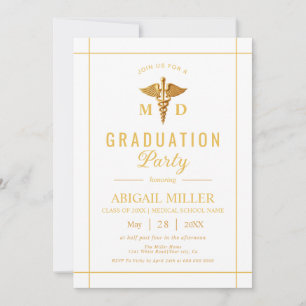 Invitation Gold caduceus Classe De 2025 graduation blanche
