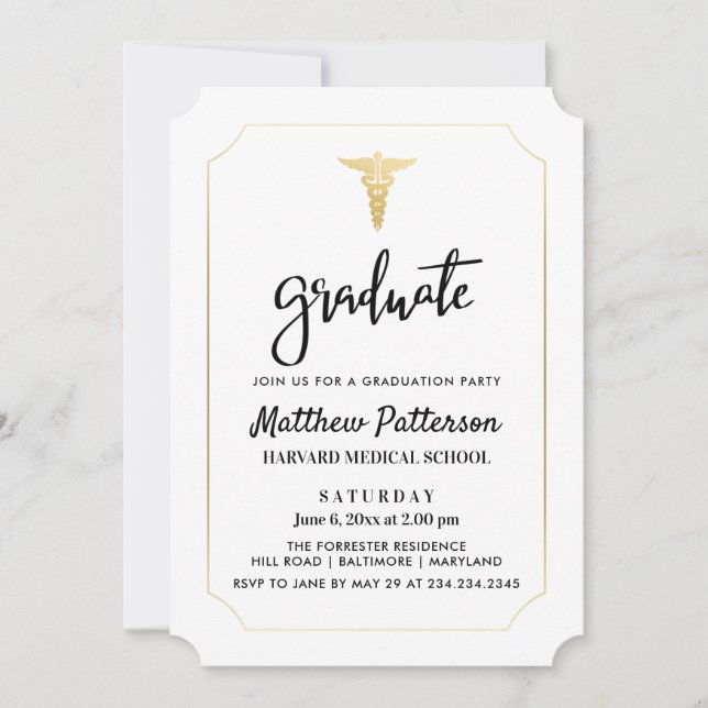 Invitation Gold Caduceus Médicale Graduate Elegant Gold (Devant)