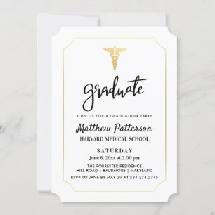 Invitation Gold Caduceus Médicale Graduate Elegant Gold