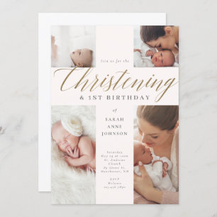 Invitation Gold Calligraphy Photo Christening & 1er Anniversa