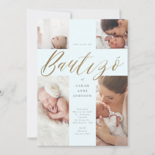 Invitation Gold Calligraphy Photo Collage Baby Bautizó Cross