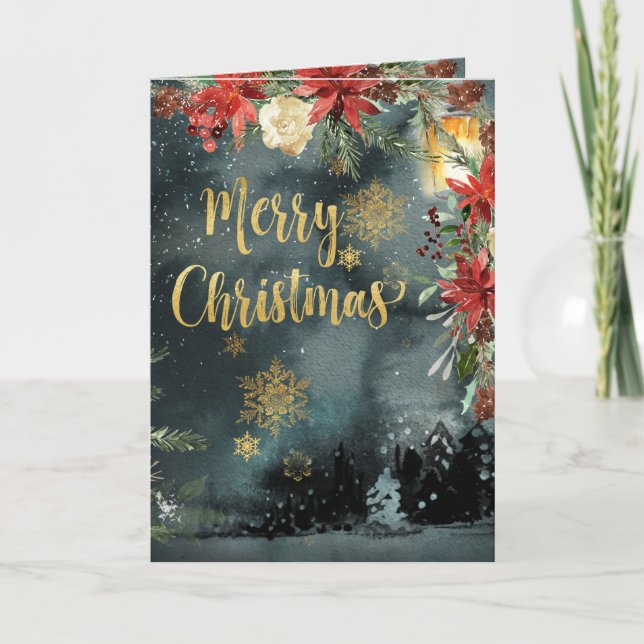 Invitation Gold Calligraphy Woodland Floral Holiday Card (Devant)