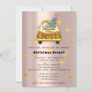 Invitation Gold Car Joyeux Noël Brunch Diner Arbre Rose