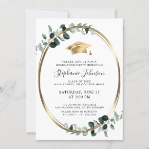 Invitation Gold Casquette et Tassel Eucalyptus Graduation Par