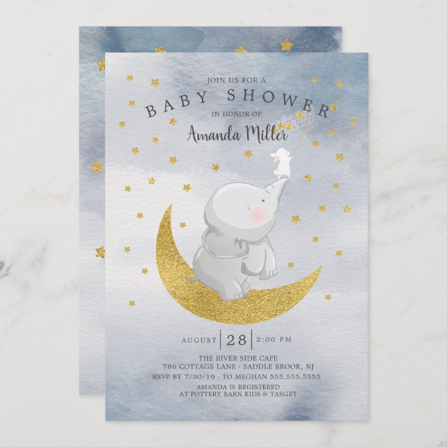 Invitation Gold Catch A Star Bunny Elephant Baby Boy Douche (Devant / Derrière)