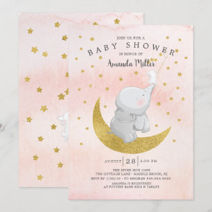 Invitation Gold Catch A Star Bunny Elephant Baby Girl Douche