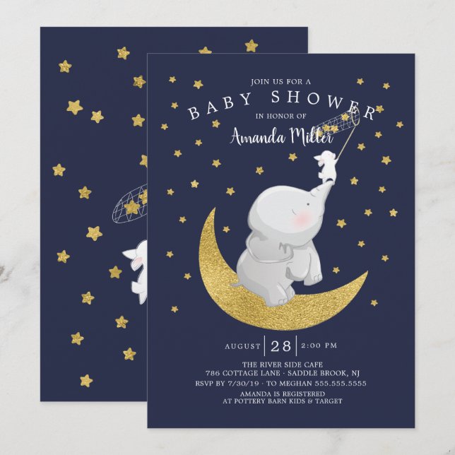 Invitation Gold Catch A Star Bunny Elephant Baby shower (Devant / Derrière)
