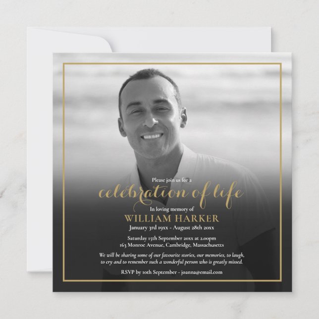 Invitation Gold Celebration of Life Black and White Photo (Devant)