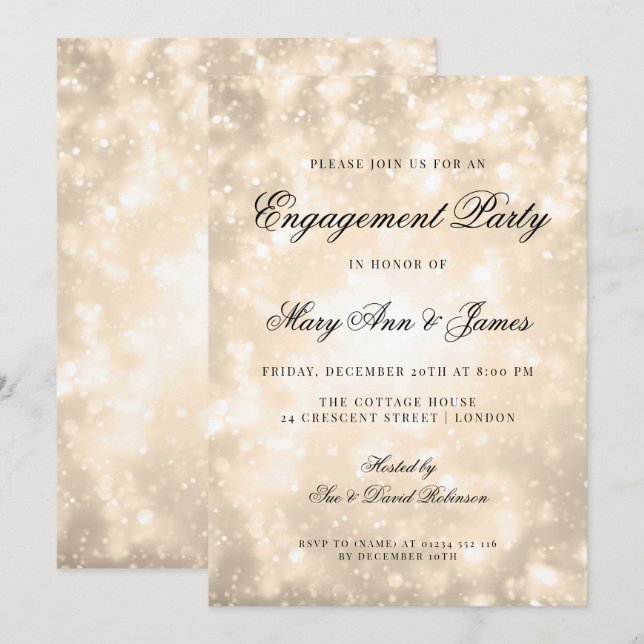 Invitation Gold Champagne Bokeh Elegant Engagement Party (Devant / Derrière)