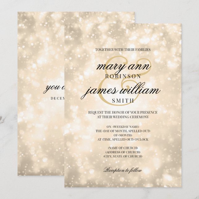Invitation Gold Champagne Bokeh Mariage élégant (Devant / Derrière)