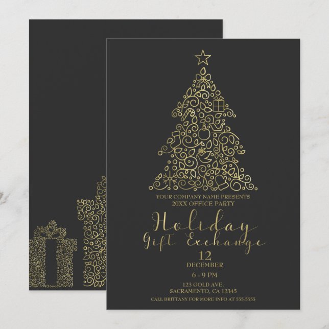 Invitation Gold & Charcoal Holiday Tree échange cadeaux (Devant / Derrière)