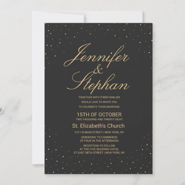 Invitation Gold chic et moderne sur un Mariage noir (Devant)