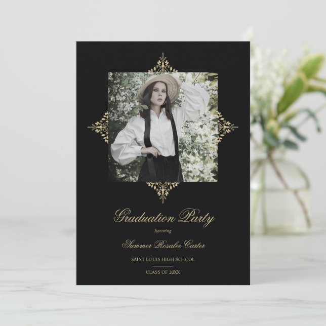 Invitation Gold Chic Lace Romantic Photo Graduation Party (Debout devant)