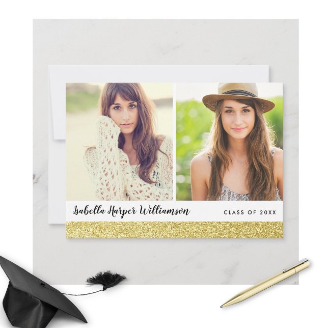 Invitation Gold Chic Sparkles 2 Grad Photos Grad Graduation P (Créateur téléchargé)