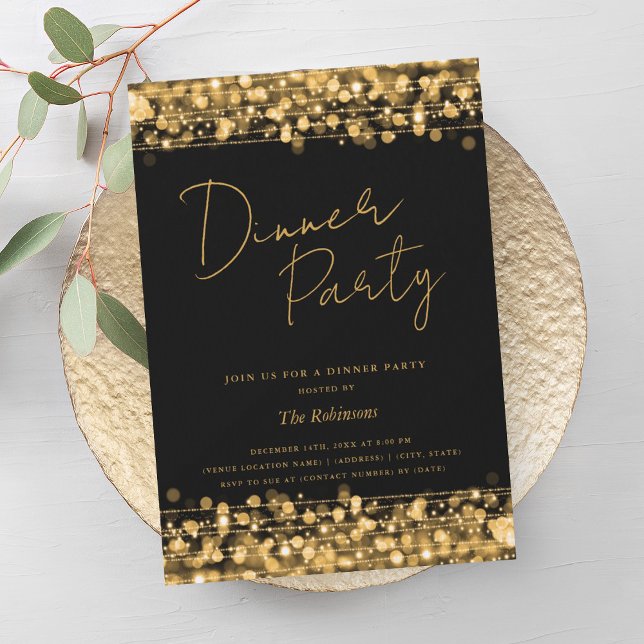 Invitation Gold Chights Script Diner Partie Noir (Gold Chic Lights Script Dinner Party Black Invitation)