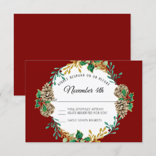 Invitation Gold Christmas RSVP Red Holly Pine Cone Wreath