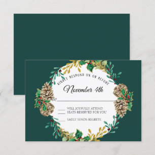 Invitation Gold Christmas RSVP Verdure Wreath Aquarelle