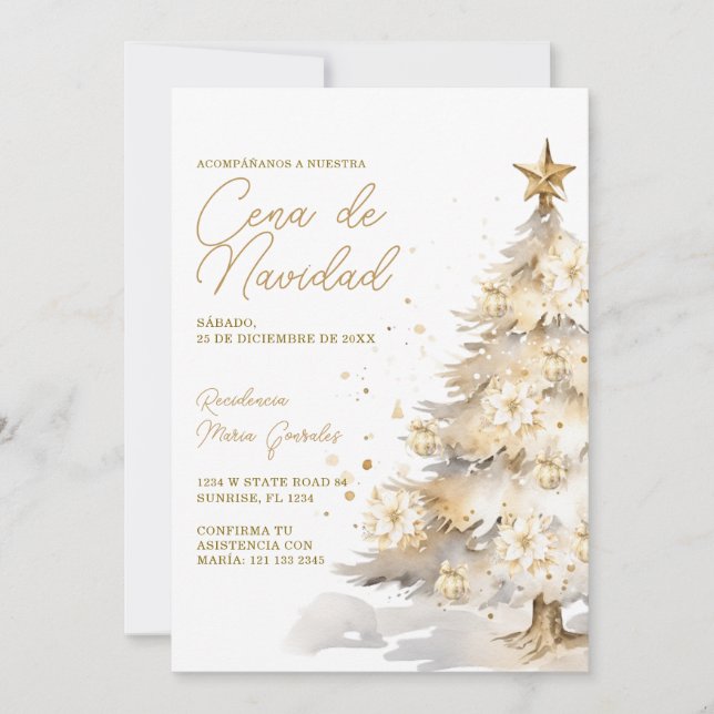 Invitation Gold Christmas Tree Cena De Navidad Dinner Party (Devant)