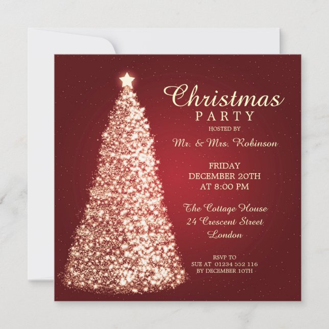 Invitation Gold Christmas Tree Party Rouge (Devant)