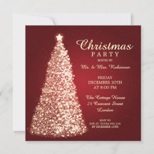 Invitation Gold Christmas Tree Party Rouge