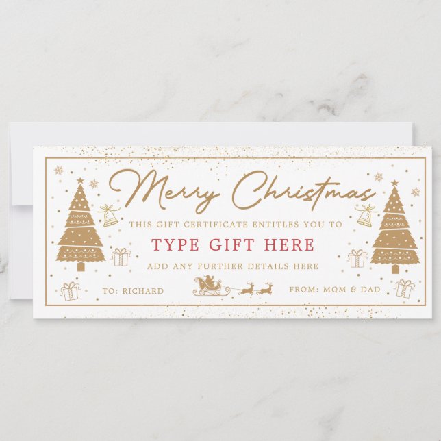Invitation Gold Christmas Tree Present Gift Voucher Card (Devant)