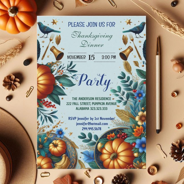 Invitation Gold Citrouilles Blue Bird Thanksgiving Diner Part (Gold Pumpkins Blue Bird Thanksgiving Dinner Party Invitation)