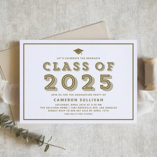 Invitation Gold Class of 2025 Casquette Rétro Graduation (Customizable graduation invitation featuring retro typography. Available in other colors.)