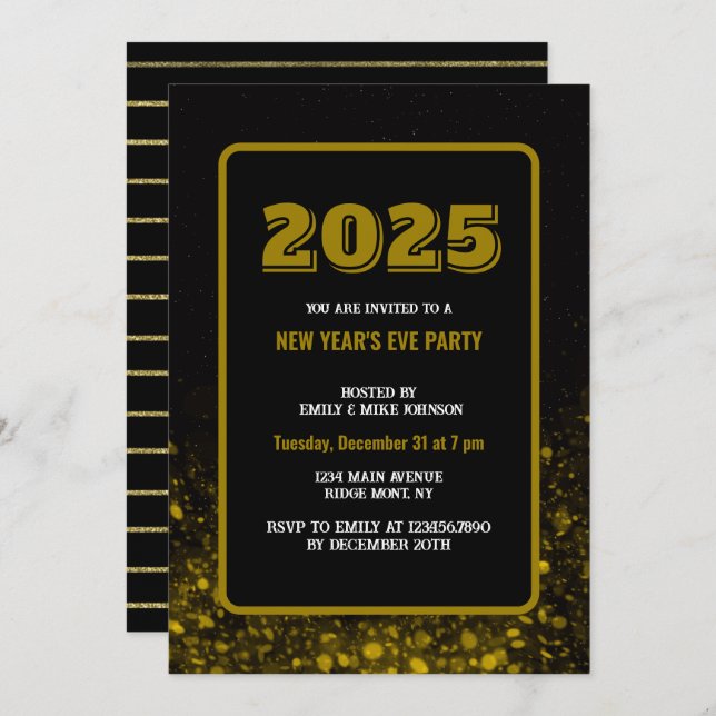 Invitation GOLD CONFETTI 2025 Nouvel An's Eve année personnal (Devant / Derrière)