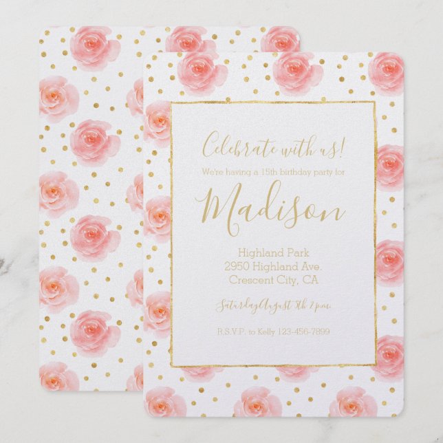 Invitation Gold Confetti Aquarelle rose Rose Anniversaire (Devant / Derrière)