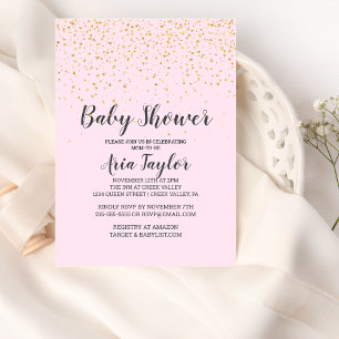Invitation Gold Confetti Baby shower de calligraphie rose