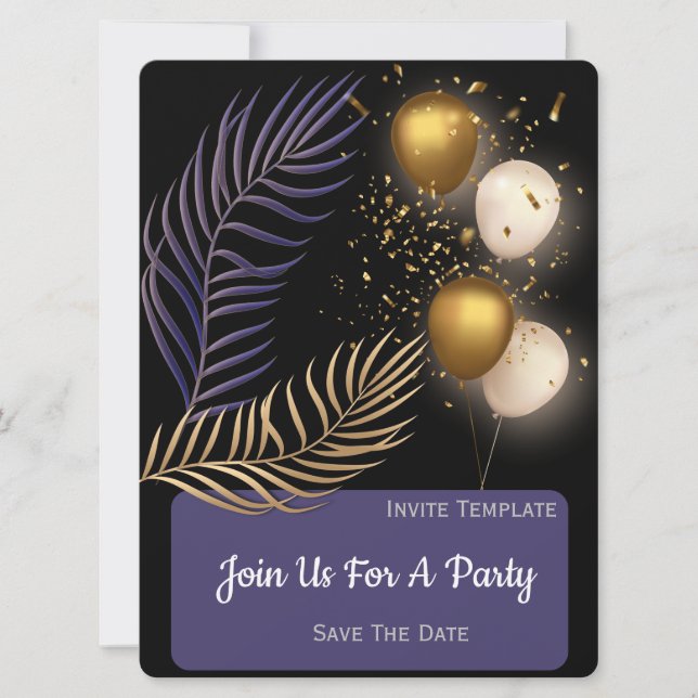 Invitation Gold Confetti, Balloons Party (Devant)