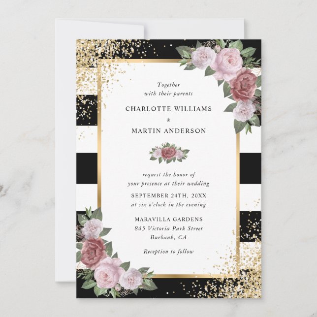 Invitation Gold Confetti Black Blush rose Mariage Floral (Devant)