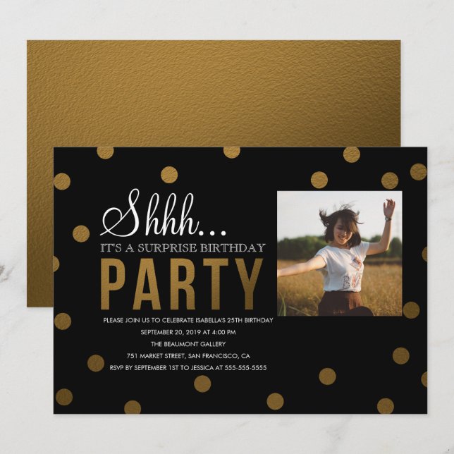 Invitation Gold Confetti & Black Surprise Party (Devant / Derrière)