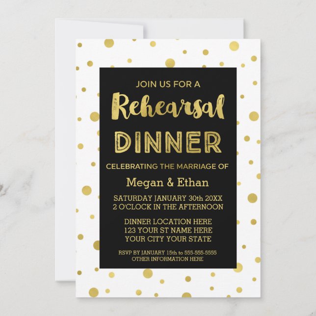 Invitation Gold Confetti Black White Rehearer Diner Party (Dos)