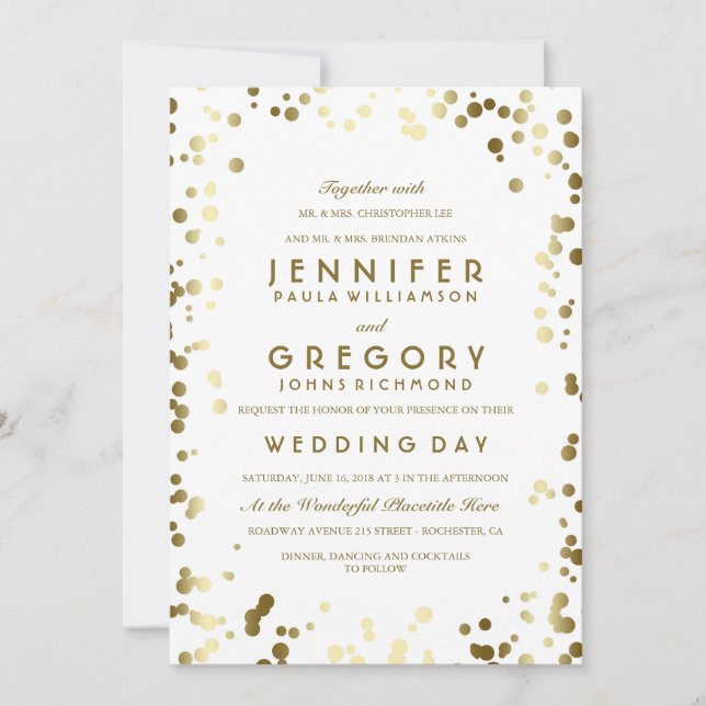 Invitation Gold Confetti Blanc Moderne et élégant mariage (Devant)