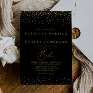Invitation Gold Confetti Boho Black Boda Mariage